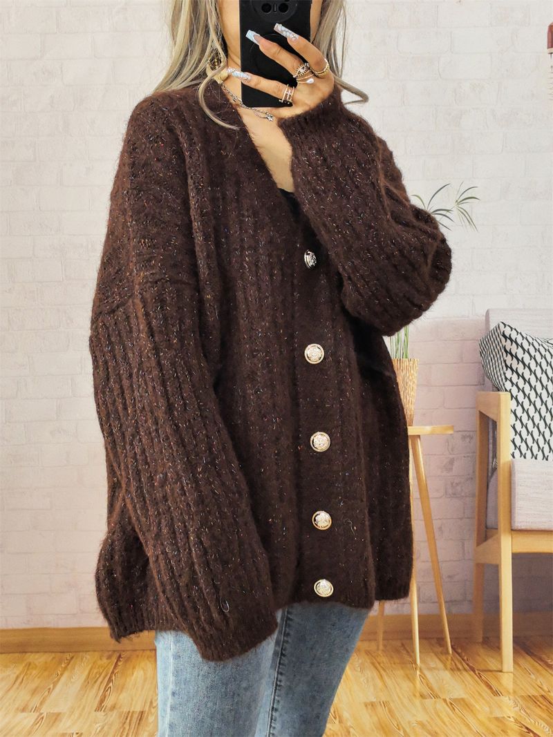 Cardigan vintage in maglia con bottoni dorati – Maglione spesso a maniche lunghe con apertura frontale per donna (grigio scuro, beige, marrone)_voghion.com