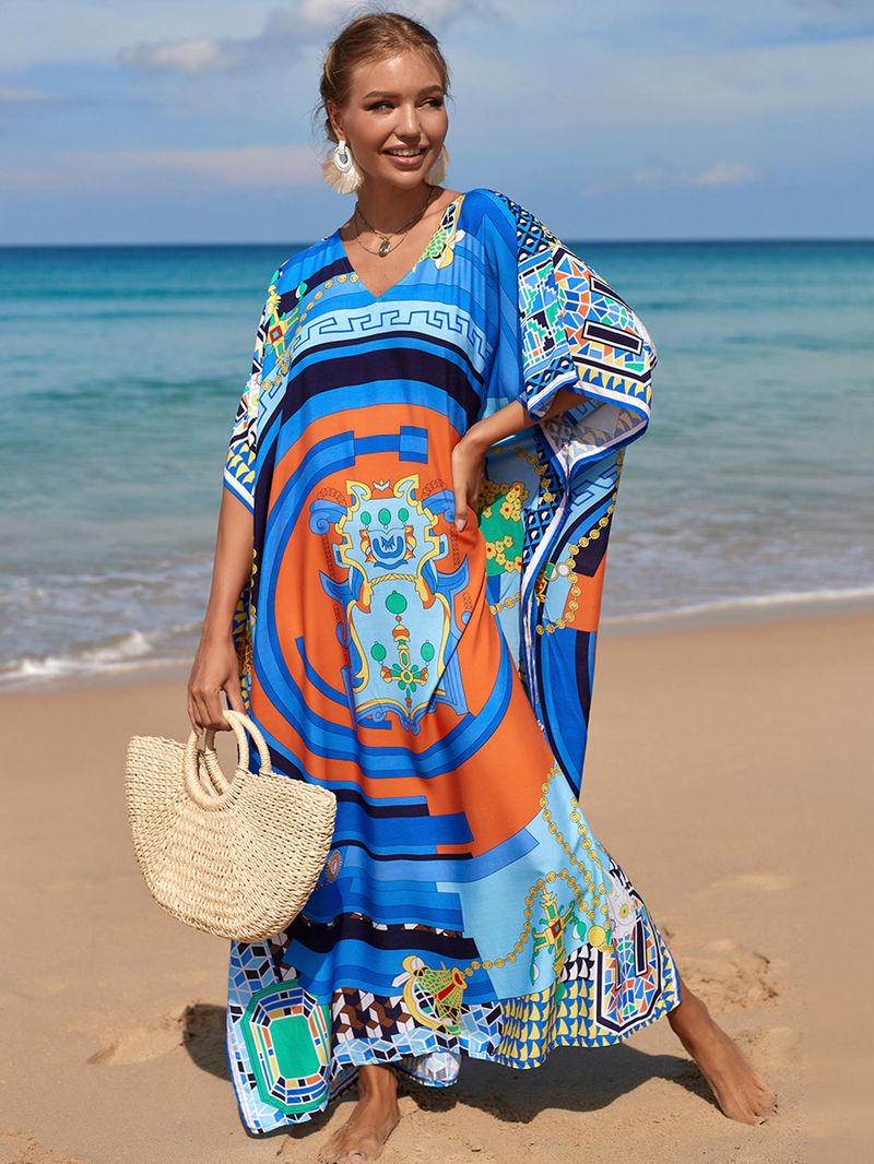 Strandkleid aus 100 % Baumwolle für Damen – Sonnenshirt mit Boho-Print, locker sitzende Bademode, Langarm-Tunika für den Urlaub am Pool_voghion.com