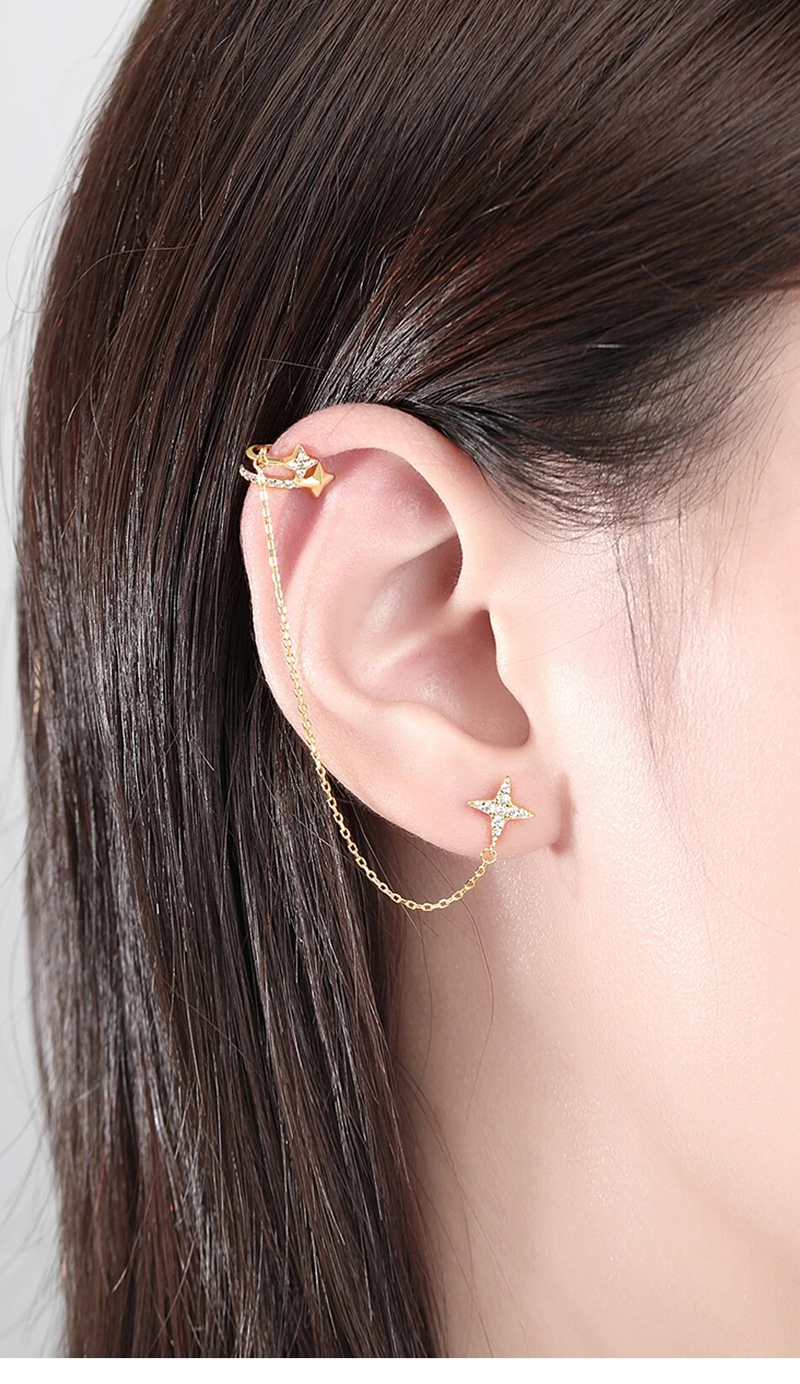 1Pc Stunning Stars Sterling Silver Clip Orecchini per Donna Cubic Zirconia Ear Clips Oro Colore Donna Gioielli di Moda_voghion.com