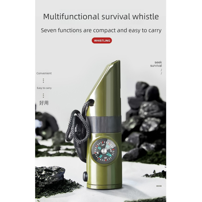 Outdoor Survival Gear 7-in-1 Whistle Multi-Function Portable Emergency Compass Magnifying Glass Flashlight Thermometer_voghion.com