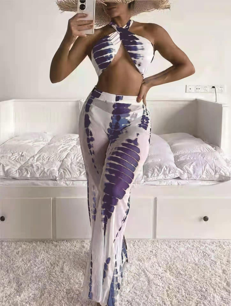 Women's Full Print Vertical And Horizontal Bikini Swimsuit And Covered Pants Bikini_voghion.com