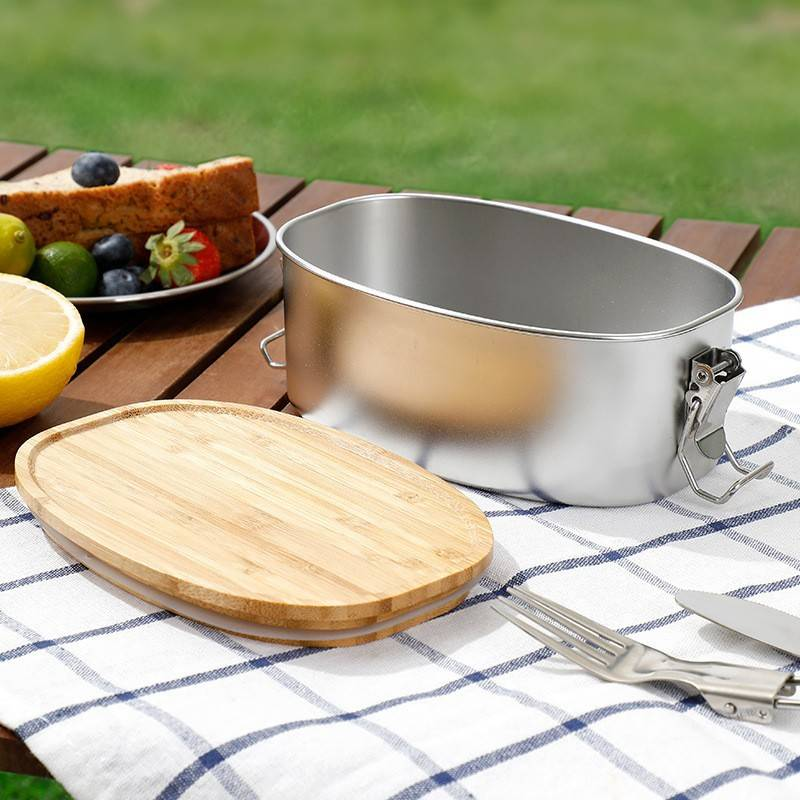 Lunch box unisex in acciaio inossidabile per uso alimentare con coperchio in bambù, doppia fibbia, ovale, con coperchio in bambù_voghion.com