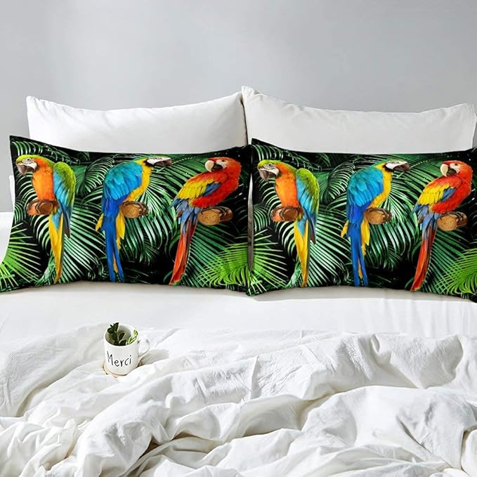 Parrot Bedding Set Super King Size Watercolor Animal Feather Duvet Cover Set Palm Leaf Duvet Cover Tropical Plant Birds Quilt Cover Comforter_voghion.com