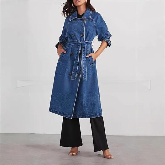 Women's Clothing Vintage Denim Duster Coat For Women – Oversized Button-Up Long Jacket Double Pockets Distressed Patchwork Design Casual Elegant Style_voghion.com