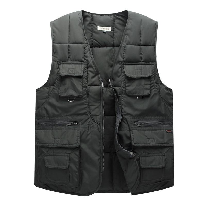 Wintervisvest voor heren met meerdere zakken, verdikt polyester, losvallend outdoor casual vest voor papa (donkerblauw, zwart, olijfgroen)_voghion.com
