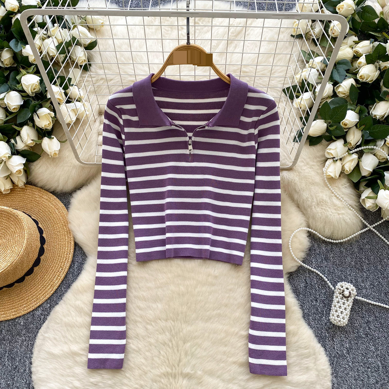 Maglione a maniche lunghe a righe minimaliste e larghe per donna, autunno, con cerniera corta, casual, tutto abbinato, tendenza_voghion.com