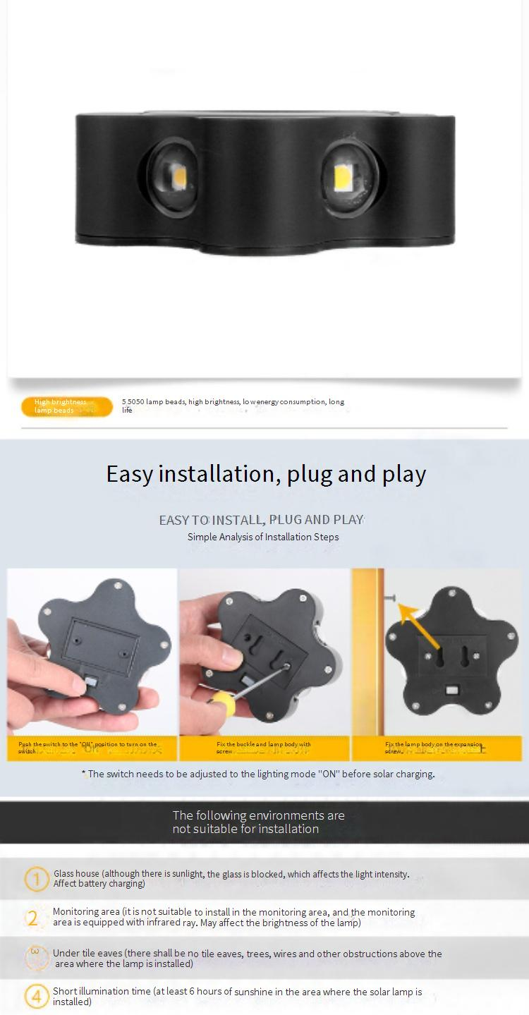 Solar Wall Light Outdoor Waterproof 5-LED Star Shape Garden Patio Decorative Ambient Light For Yard, Pathway, Balcony_voghion.com