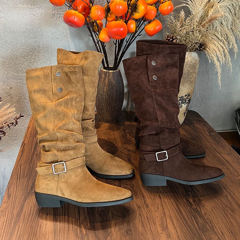 Autumn And Winter Hot Long Boots For Women, Frosted Suede Pile Boots, Thick Heel, Square Toe, Straight Legs, Retro Pile Boots_voghion.com