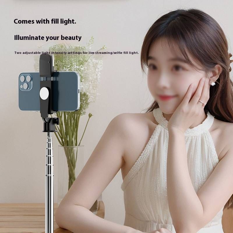 R1-L Ausziehbares Selfie-Stick-Stativ mit Bluetooth-Fernbedienung und LED-Licht, tragbare Telefonhalterung für Reisen, Vlogging, Live-Streaming_voghion.com