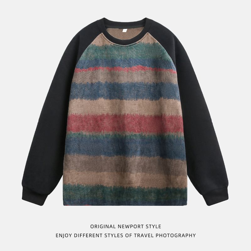 Retro 、Color-Block Crewneck Sweatshirt Oversized Drop-Shoulder Unisex Pullover With Gradient Stripes & Stretch Cuffs (M-XXL, Black)_voghion.com