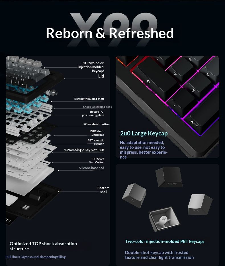 Vanguard X99v2 Custom Mechanical Keyboard - Wireless Bluetooth Tri-Mode RGB Backlit, PBT Side-Lit Keycaps, 8000mAh Battery, Hot-Swappable Switches_voghion.com