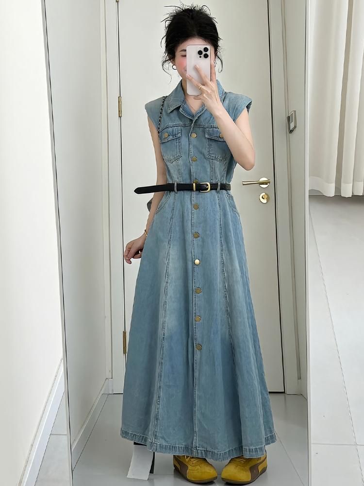 Temperament Collar Single Breasted Sleeveless Denim Dress For Women In The Summer Of 2025, New Waist Cinching And_voghion.com