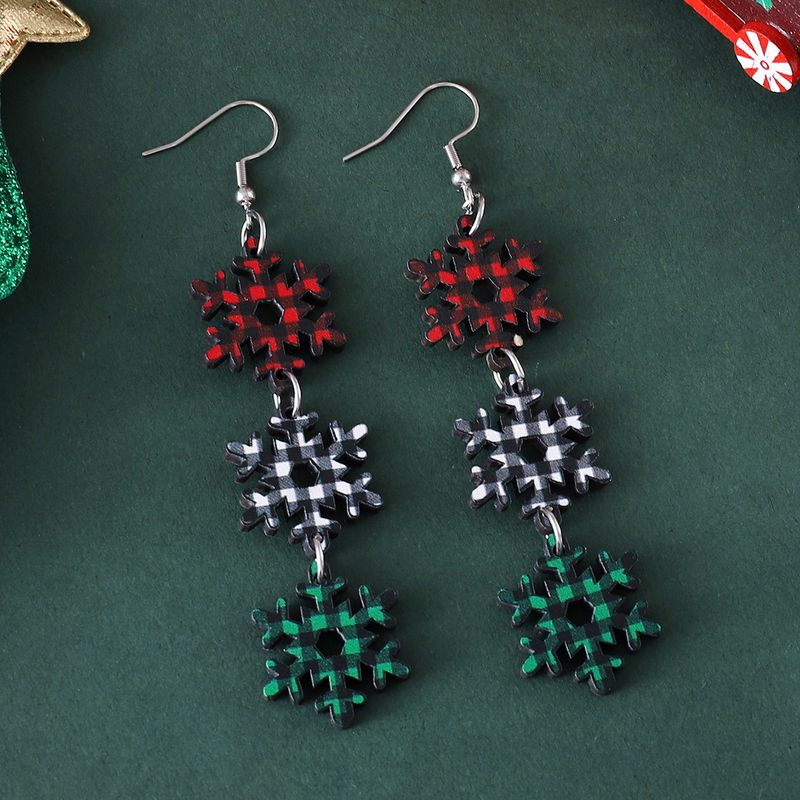 Brincos de árvore de Natal e floco de neve de madeira feitos à mão – Brincos pendurados festivos para mulheres (conjunto de 3)_voghion.com