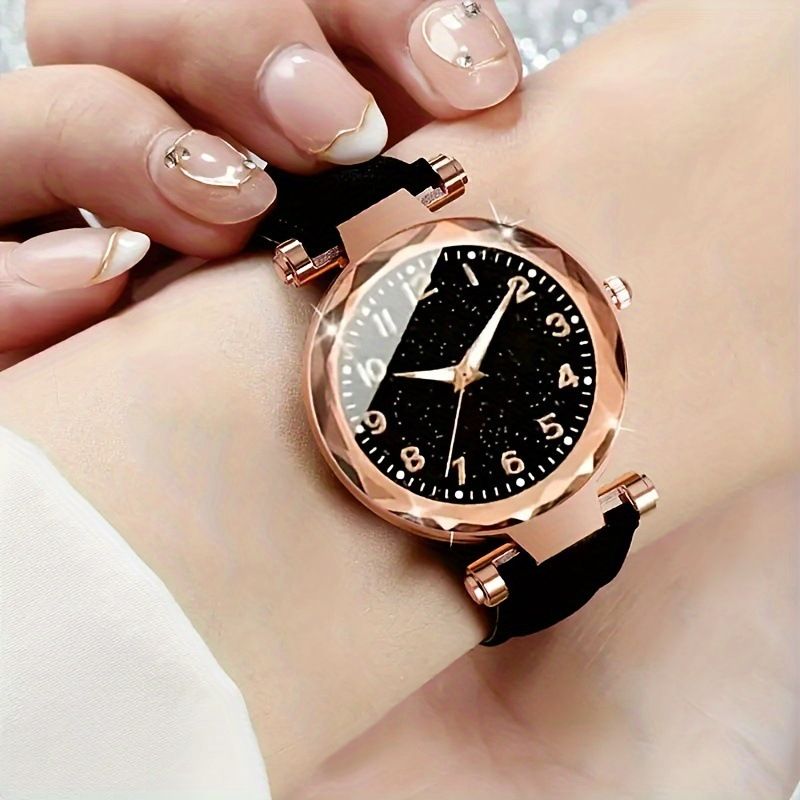 Women's Digital Quartz Watch – Starry Sky Luminous Dial With Leather Strap | Jewelry Gift Set_voghion.com