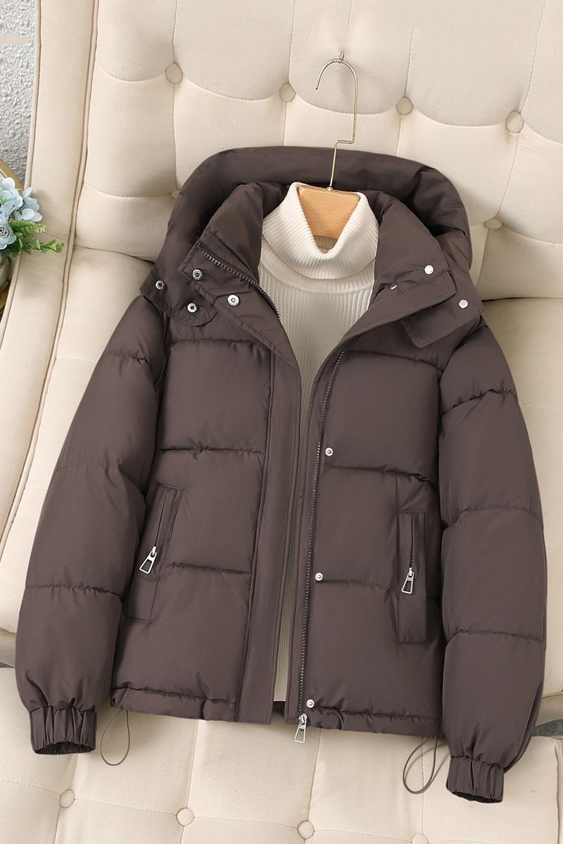 Women's Winter Hooded Puffer Jacket Short Length Lightweight Polyester Warm Coat Casual Loose Fit Outerwear For Petite & Plus Size_voghion.com