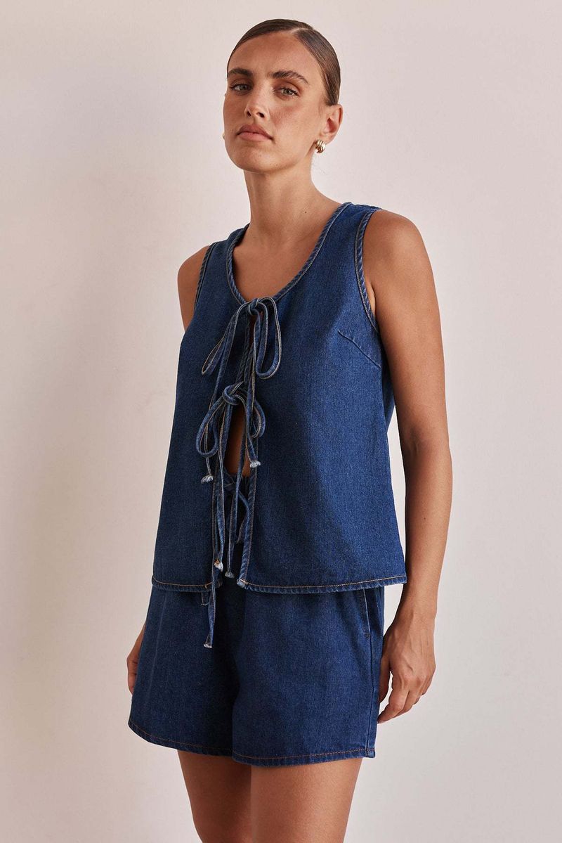 Women's Clothing Summer Fashion Casual Sleeveless Lace Up High Waist Women's Vest Denim Suit Shorts Women_voghion.com