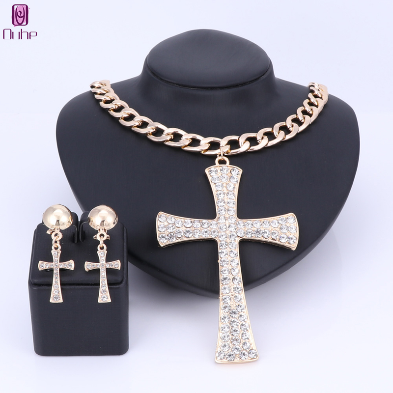 Ethiopian Cross Jewelry Set Crystal Rhinestone Necklace Earrings Africa Wedding Gifts Jewellery_voghion.com