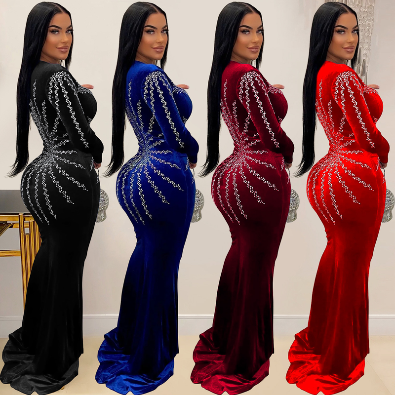 Damenbekleidung, modisches, einfarbiges, sexy, heißes Diamant-Langarmkleid mit langem Rock_voghion.com