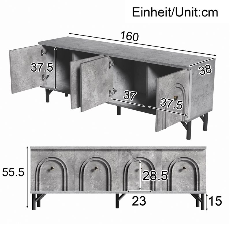 Modernes 4-türiges TV-Board In Grau, 160 Cm, Con Soft-Close-Scharnieren, Für Wohnzimmer_voghion.com