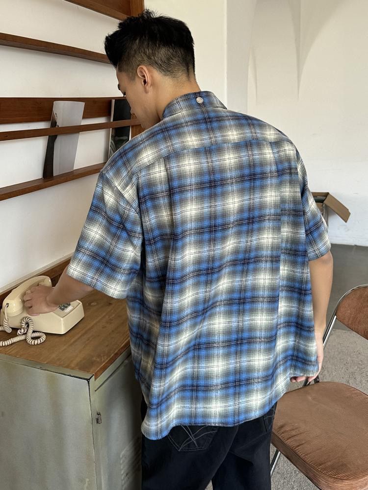 Flanell Blau Kariertes Kurzarmhemd Herren Sommer Kariertes Hemd Jacke_voghion.com