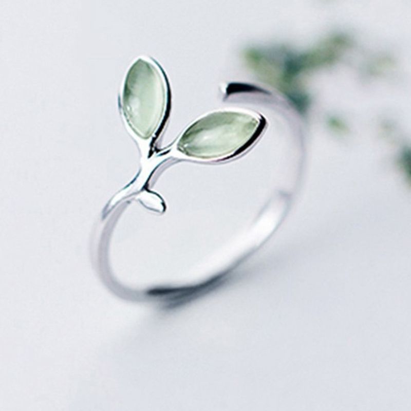 Bague nouvelle, simple et tendance, feuille et opale, bijoux en plaqué argent, bague géométrique ouverte avec branche verte_voghion.com