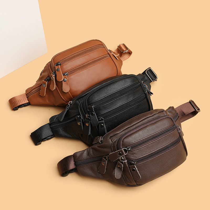 The first layer of cowhide men's bag real cowhide sports running waist bag men's waterproof large capacity multi-compartment chest bag wallet bags_voghion.com