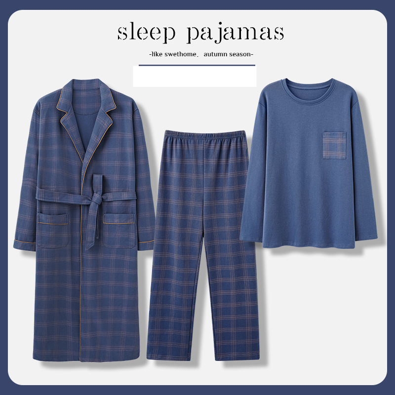 Three-piece robe men's pajamas spring and autumn pure cotton long-sleeved large size bathrobe simple casual home clothes cross-border foreign trade_voghion.com