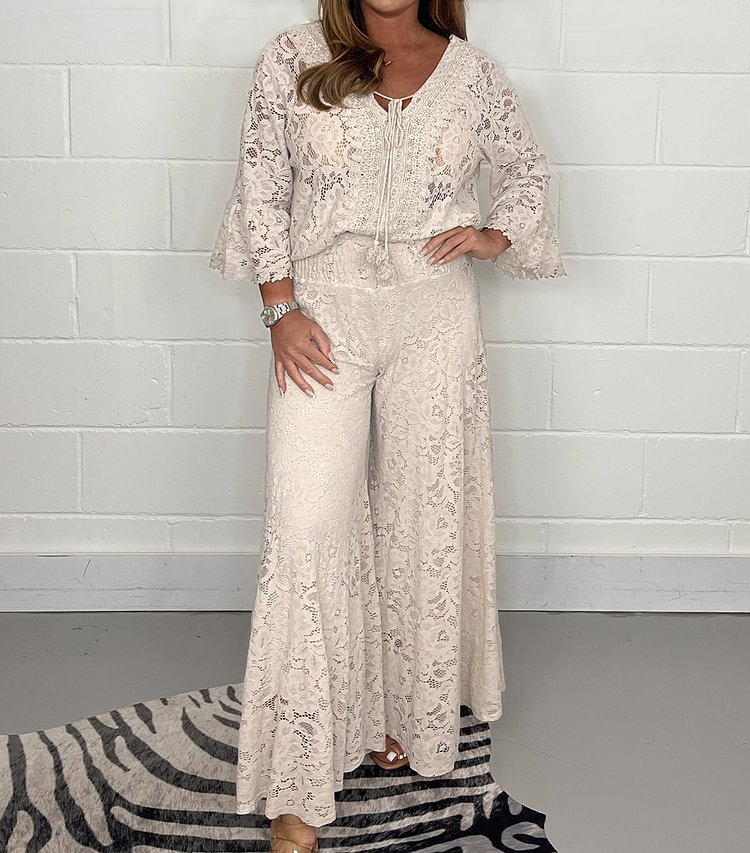 Abiti da donna alla moda, nuovi abiti primaverili, top in pizzo ricamato, pantaloni dritti a vita alta, completi due pezzi_voghion.com