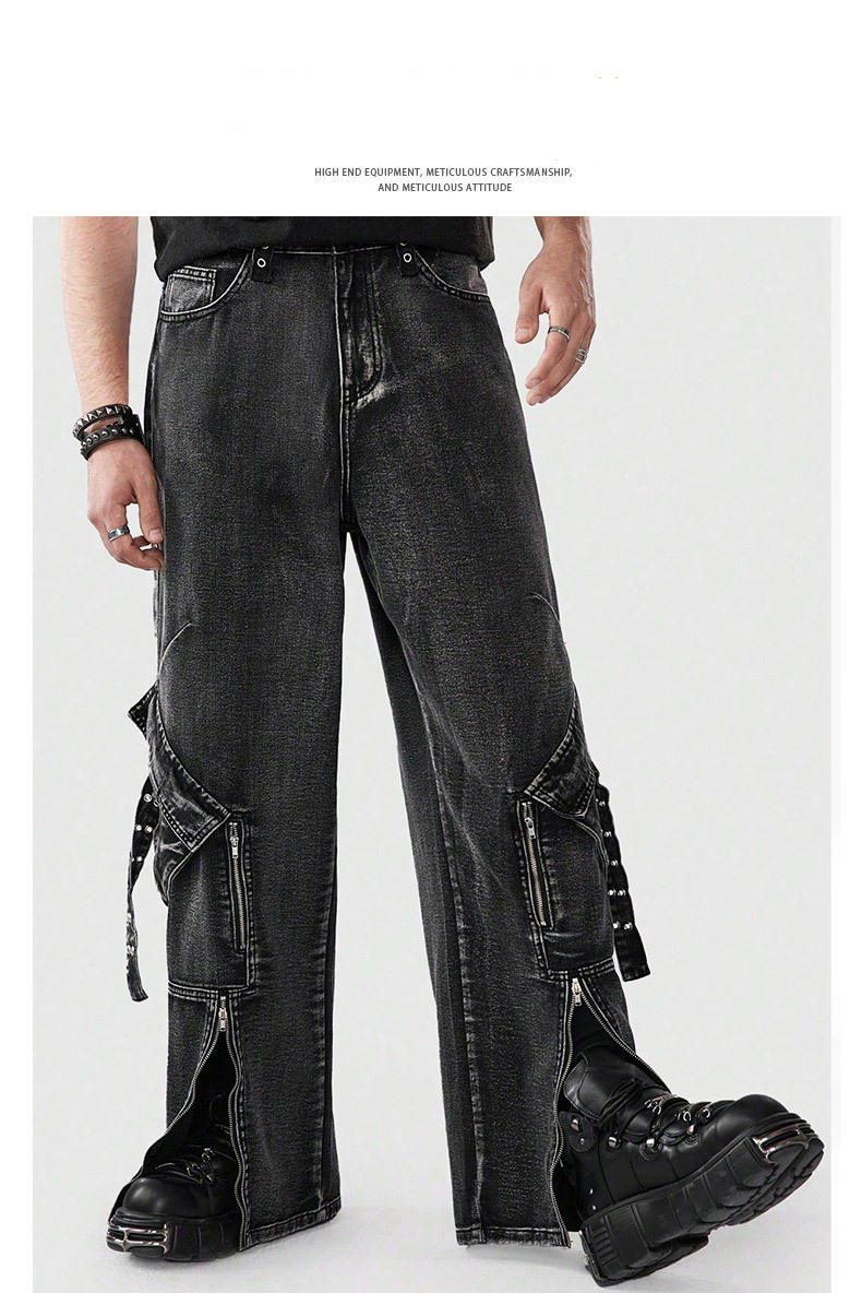 Men's Clothing Zipper Multi Pocket Trendy Flared Pants High Street Straight Wide Leg Jeans_voghion.com