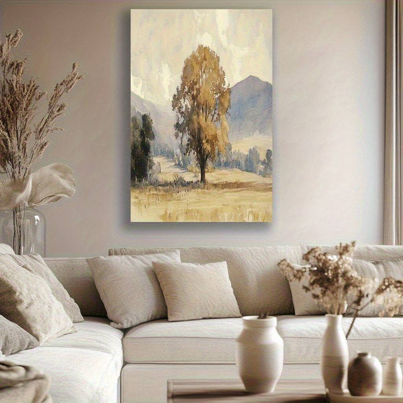 1pc Autumn Tree Landscape Art Canvas Prints Painting- Serene Mountain Backdrop, Perfect For Living Room, Bedroom, Or Office Decor_voghion.com
