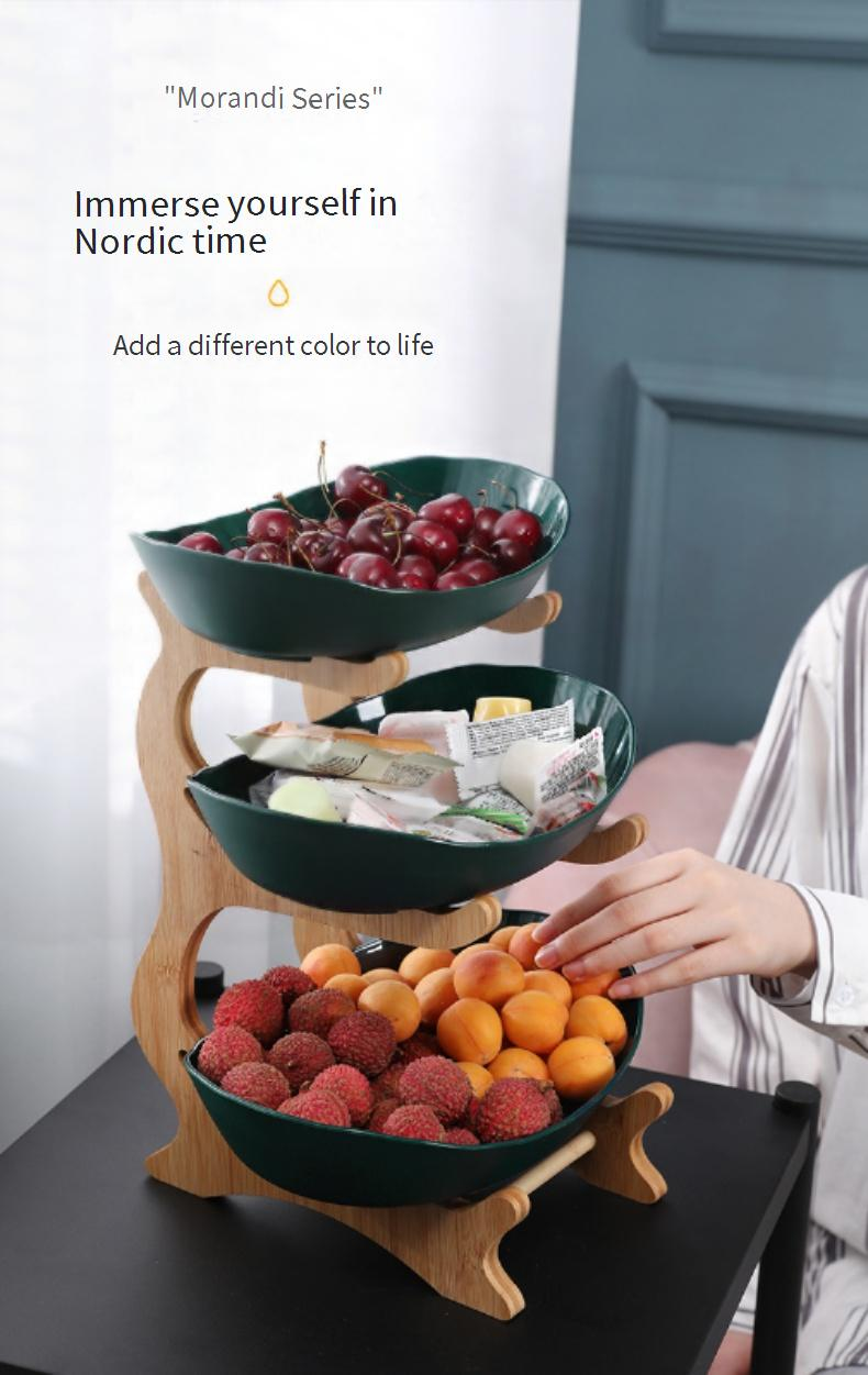 Vassoio portafrutta in bambù - Supporto moderno per snack a 3 livelli per soggiorno (elegante decorazione per la casa e per feste)_voghion.com