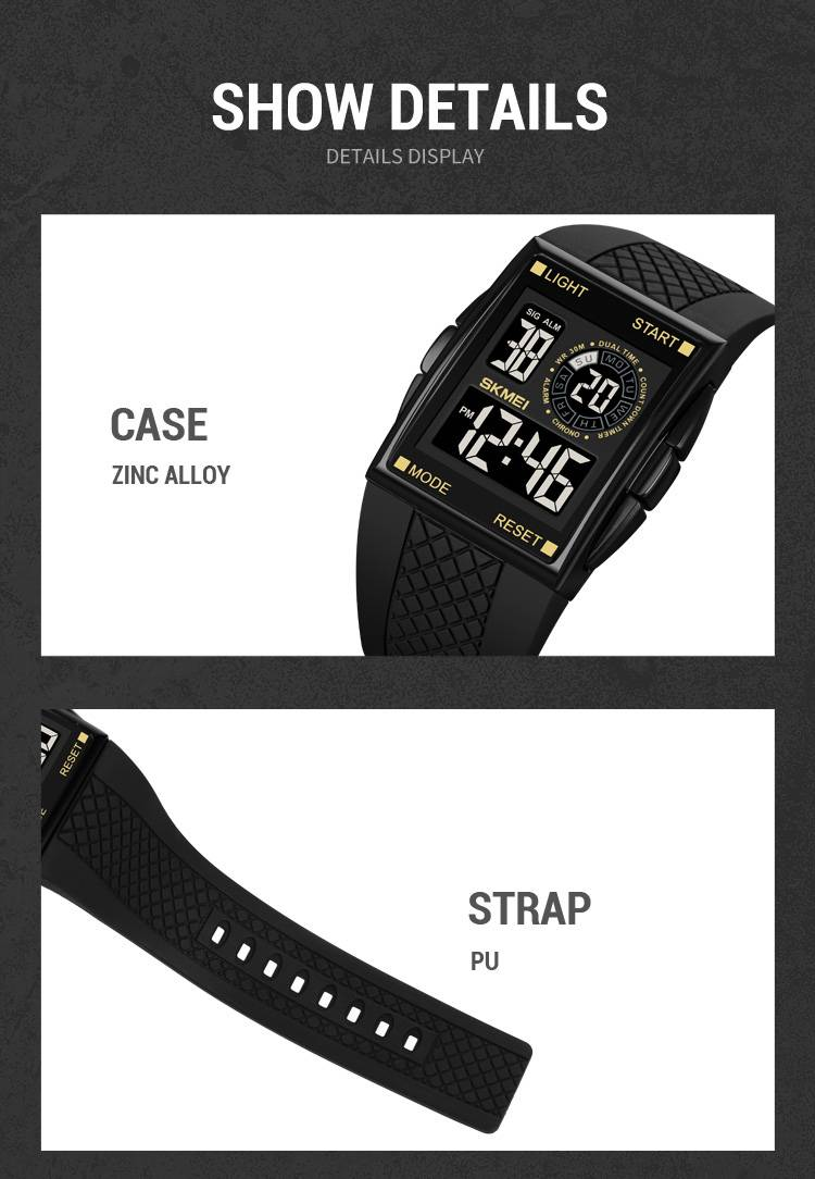 SKMEI 1967 Digital Sports Watch: Square Case, 30M Waterproof, Dual Time, Countdown, Alarm, LED Light, 12/24H Format, Fashion Street Style._voghion.com