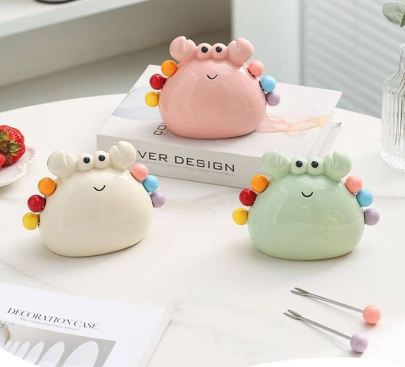 Crab Fruit Fork Dessert Cute Stainless Steel Small Fork Ceramic Storage Jar Set Fruit Insert Child Safety Fruit Pick_voghion.com