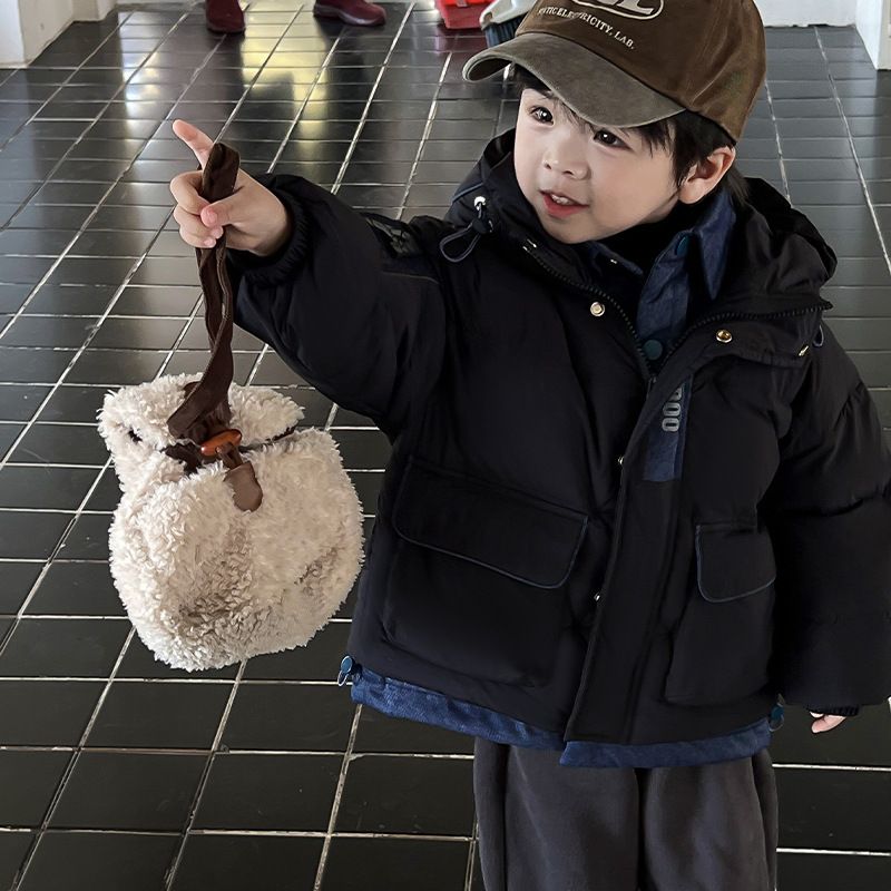 Boys' Short Puffer Jacket – 50% White Duck Down Winter Coat (100-140cm) – Trendy Hooded Outerwear For Kids (Black/Khaki)_voghion.com