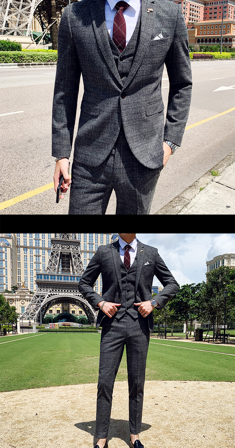 Men's Three-piece Suit Korean Style British Slim Plaid Wedding Casual Three-piece Suit_voghion.com