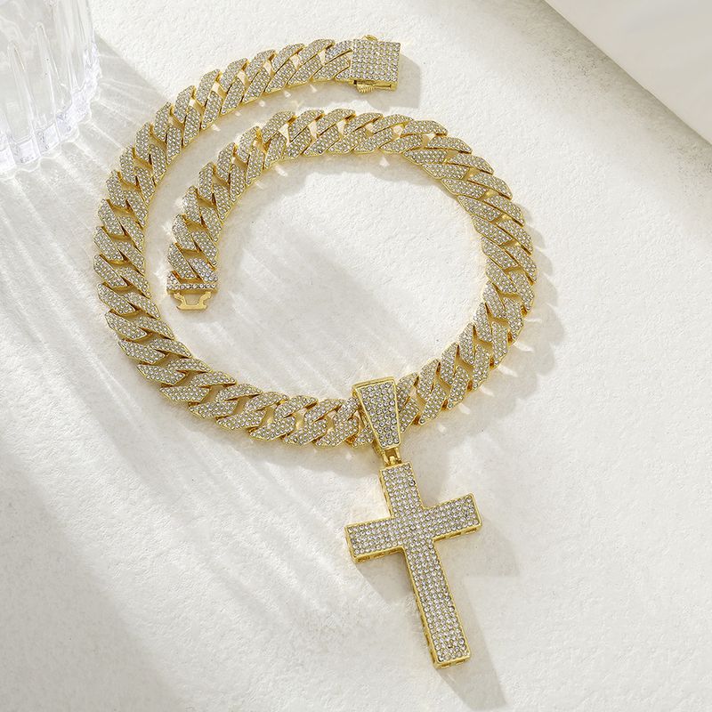 Pingente de cruz de personalidade popular com liga de diamante, corrente cubana, crença religiosa, colar hip hop_voghion.com