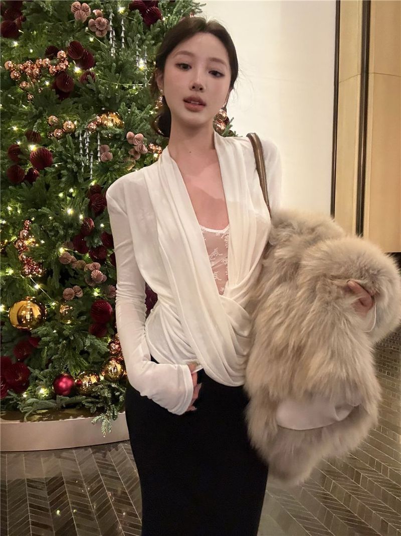 Sexy tričko ve francouzském stylu s výstřihem do V, mírně průhledné, pro ženy, jarní krajkový střih, s úzkým topem uvnitř_voghion.com