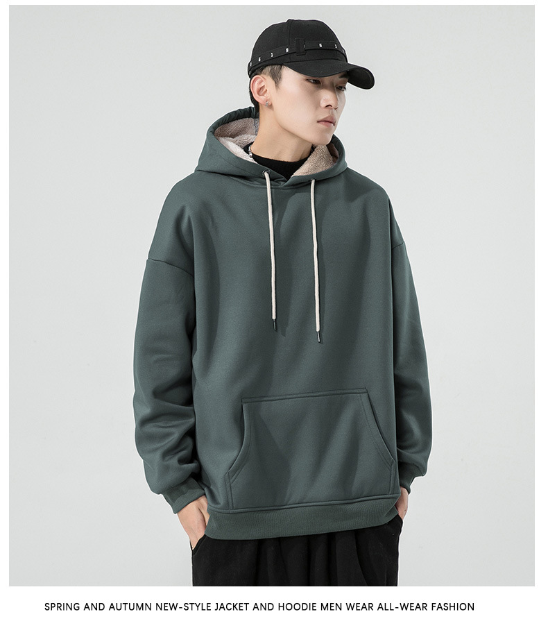 Autumn and winter new plush hoodie with long sleeves, lamb cashmere, solid color, loose fitting shoulder style for men_voghion.com