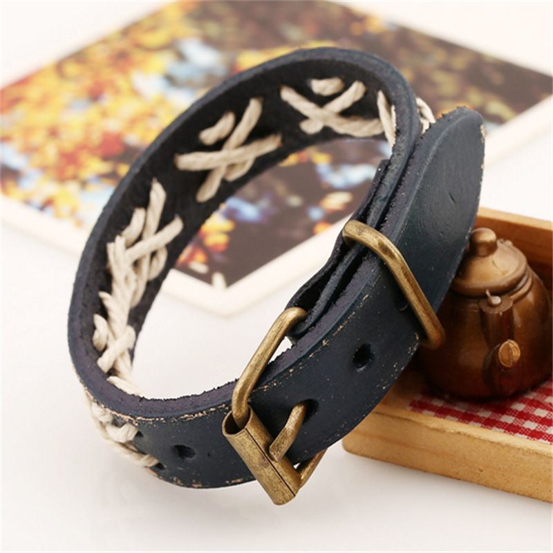 Vintage Woven Cowhide Bracelet Handmade Jewelry Genuine Leather Bracelet_voghion.com