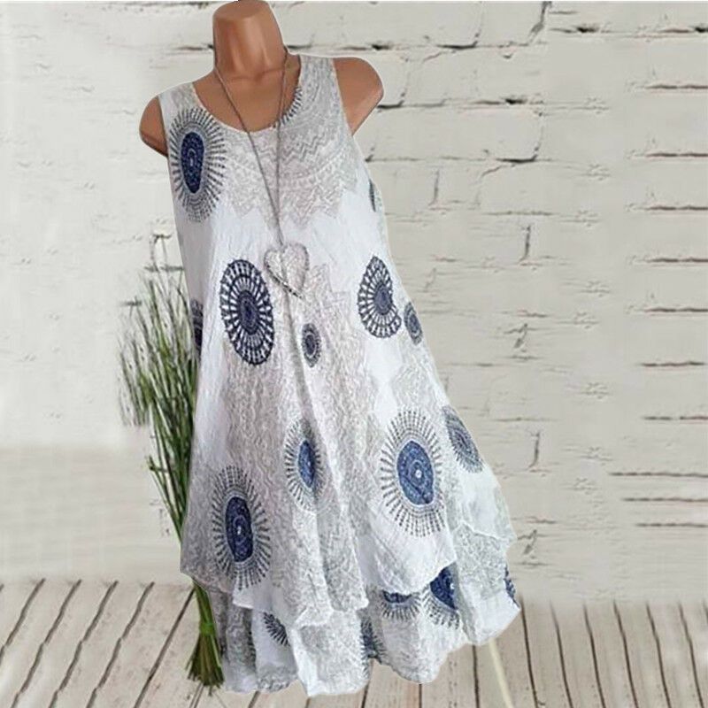 Plus Size Women Ladies Boho Sleeveless Mini Dress Summer Beach Baggy Dress Tunic_voghion.com
