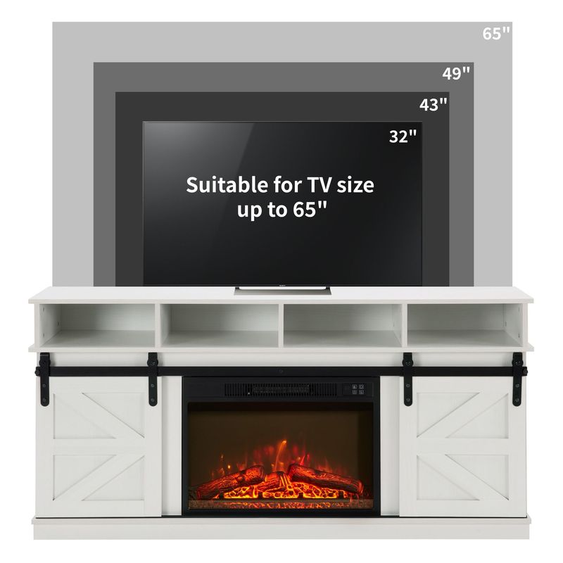 Modern Farmhouse TV Media Stand, Large Barn Inspired Home Entertainment Console, With 23" Fireplace Insert, For TV Up To 65'', With Open Shelves And Closed Cabinets, White_voghion.com