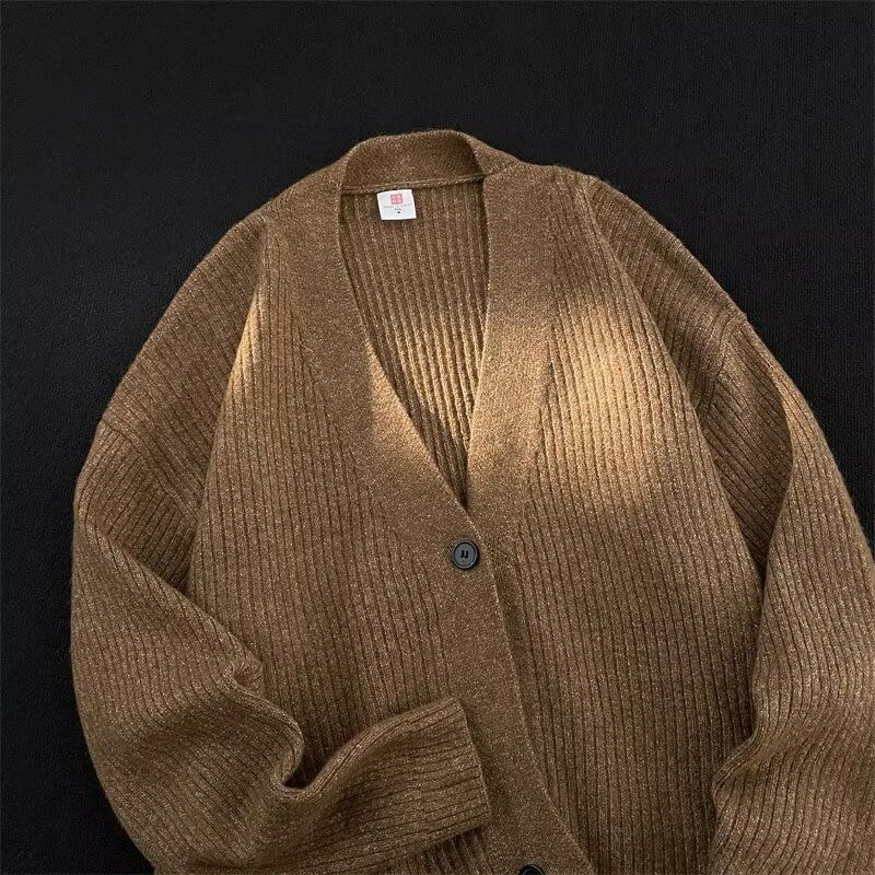 Herfst 2025 Nieuwe Cardigan Amerikaanse Casual Lazy Style V-hals Gebreide Trui Heren Effen Kleur Jas Trendy_voghion.com