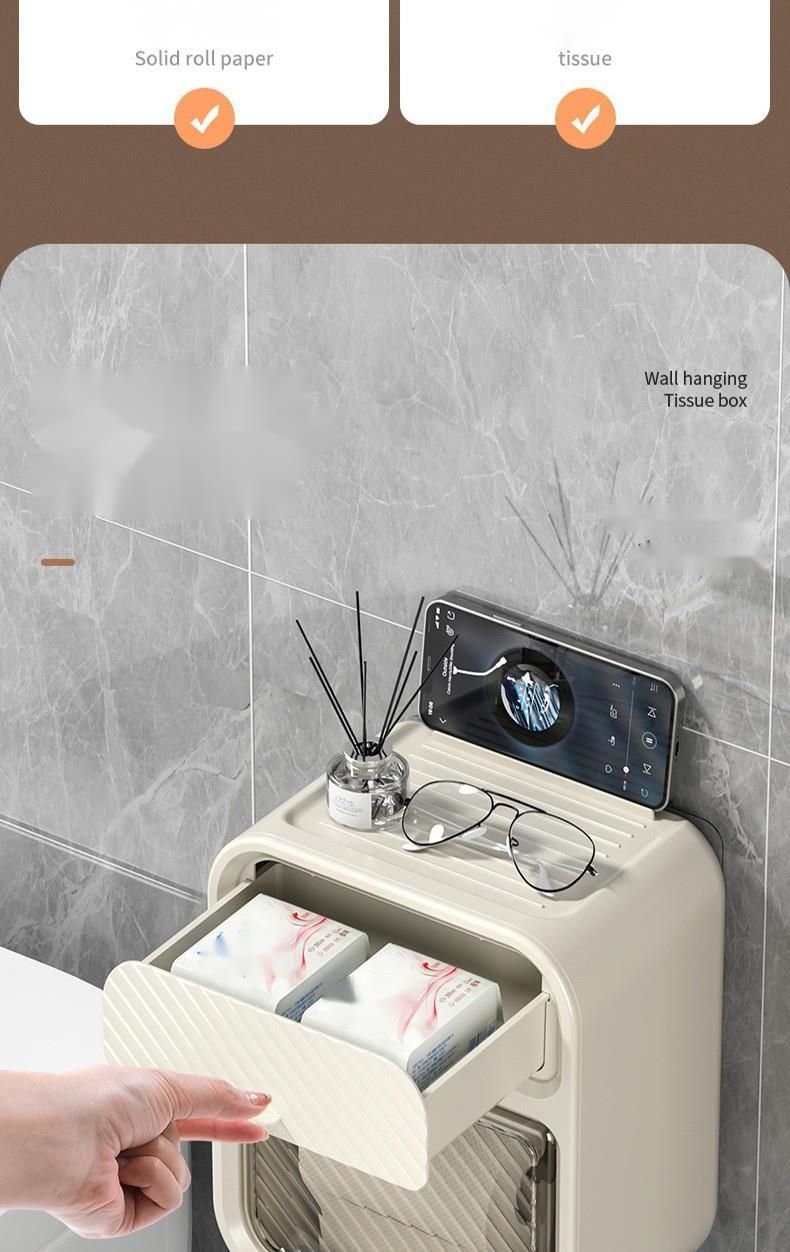 Cream Style Bathroom Box Light Luxury No-Drill Double-Layer Wall-Mounted Storage Rack For Toilet Paper And Facial Tissue_voghion.com