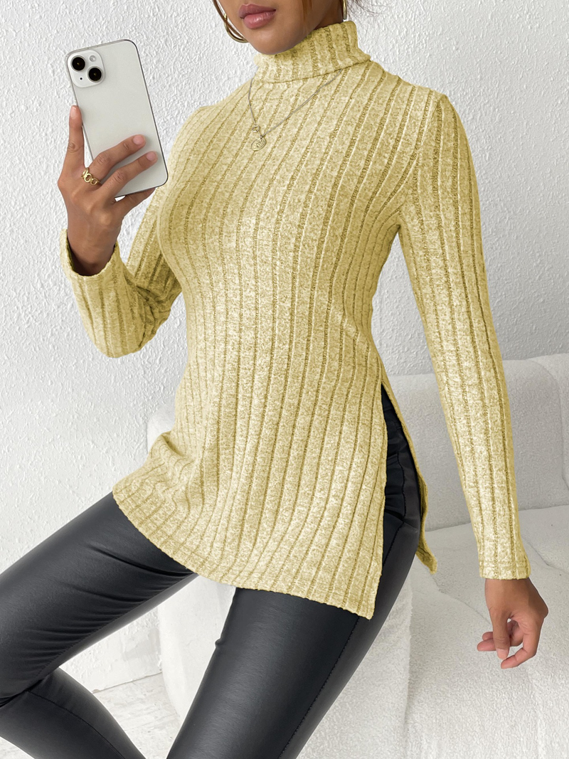Women's turtleneck pullover slit slim-fit base pit striped medium length_voghion.com