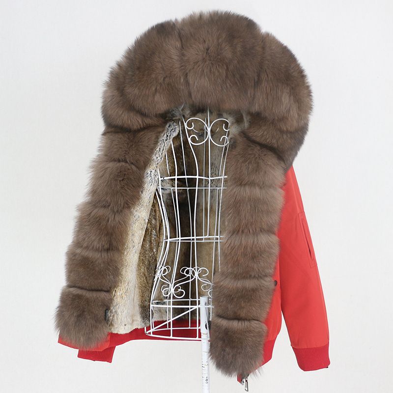 Damenbekleidung Parka im neuen Stil mit dickem Kaninchenfellfutter, abnehmbarem echtem Fuchspelz, großer Pelzkragenjacke, Pelzmantel_voghion.com