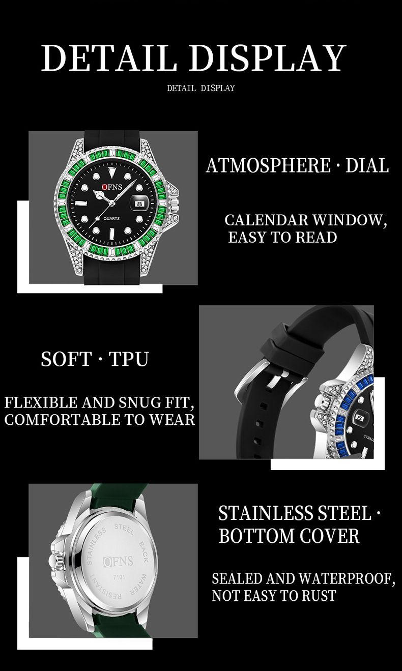 Men's Classic Diver Style Watch With Luminous Dial, Waterproof Casual Wristwatch With Date Function TPU Strap Classic Green Water Ghost Luminous Watch_voghion.com