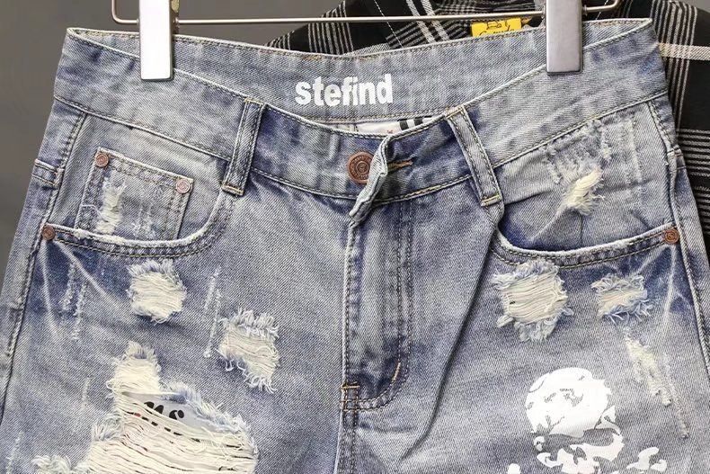 Men's Clothing Distressed Cat Whisker Hole Beggar 5 Shorts Slim Fit Denim Shorts_voghion.com