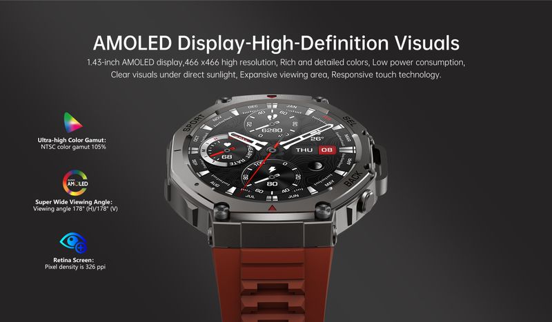Nieuw Smartwatch 466*466 1.43 AMOLED Full Touchscreen 5ATM Waterdicht GPS 500mAh Hoge Batterij Kompas 170+ Sportmodi Voor Mannen_voghion.com