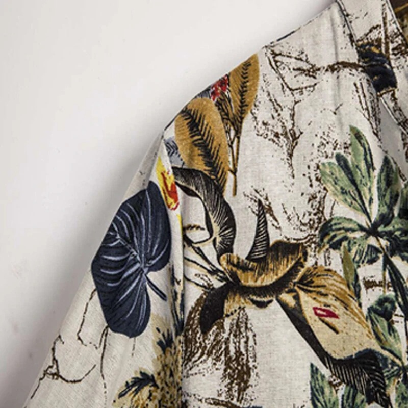 Camicia a maniche corte in cotone e lino, nuova camicia casual da uomo in stile nazionale con colletto alla coreana e fiore vegetale_voghion.com