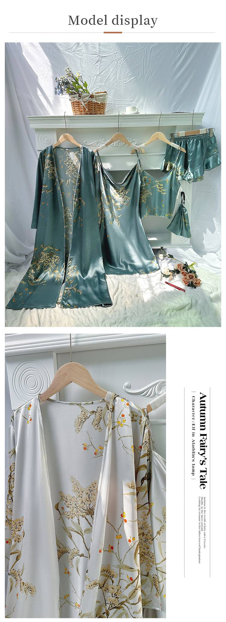 Homewear simple five - piece set, including pajamas, nightgown, suspender shorts and suspender skirt._voghion.com
